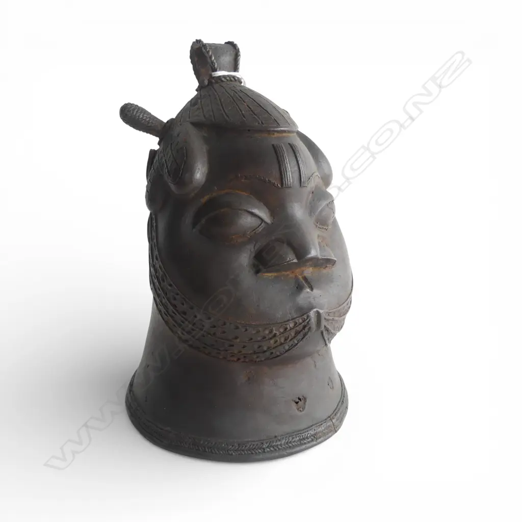 ANTIQUE AFRICAN BENIN BRONZE FACIAL TEMPLE BELL H210MM Image 1++
