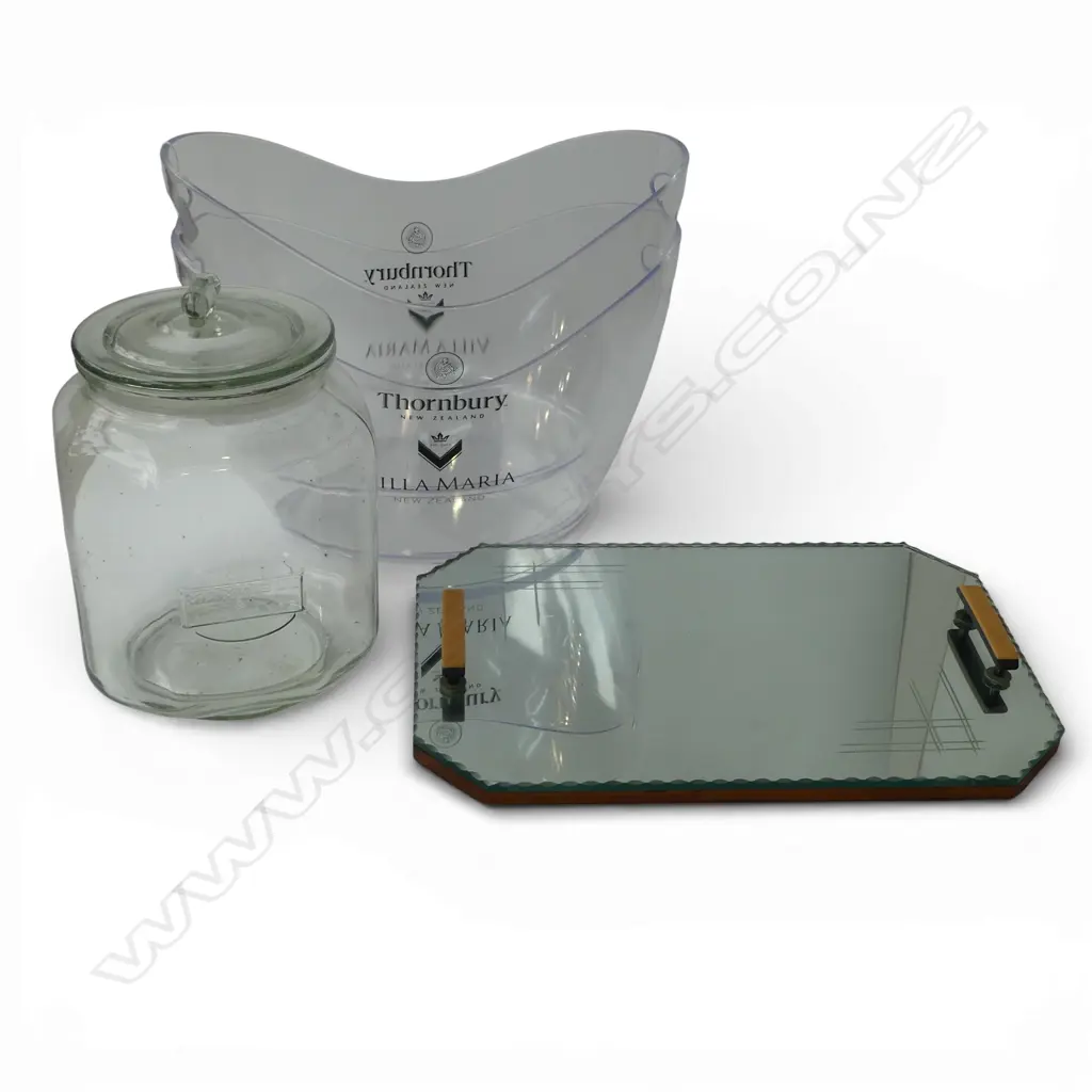 DECO GLASS TRAY W.460mm, 2 CHAMPAGNE BUCKETS, LG LIDDED GLASS JAR Image 1++