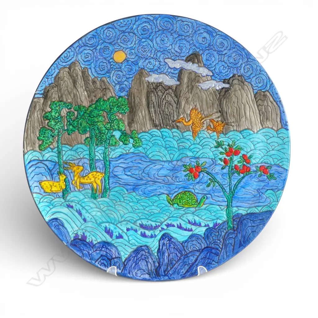 KEUM SUN LEE HANDPAINTED CHARGER of NATURE SCENE, Dia.370mm (unglazed not suitable for food) tiny frits to rim Image 1++