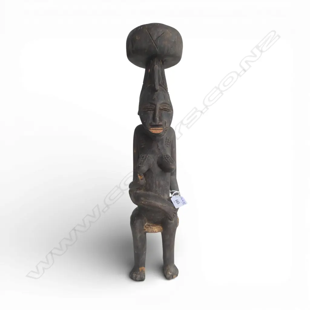 CARVED WOOD AFRICAN SEATED FIGURE MOTHER & CHILD H500MM Image 1++