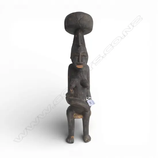 CARVED WOOD AFRICAN SEATED FIGURE MOTHER & CHILD H500MM
