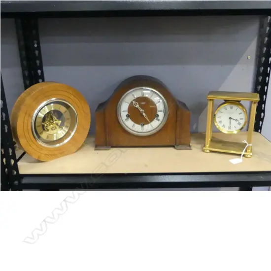 3 CLOCKS; GOLD GARRARD + 2 WOODEN CLOCKS