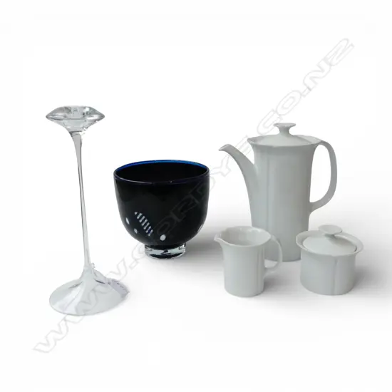 5 ITEMS; ARZBERG COFFEE POT, MILK & SUGAR, HOGLUND VASE H.155mm, BODA CRYSTAL CANDLESTICK H.275mm