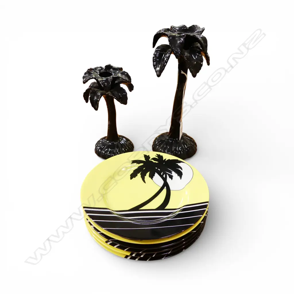 6 FITZ AND FLOYD 'PALM BEACH' PLATS + 2 CERAMIC PALM FORM CANDLE STICKS faults Image 1++