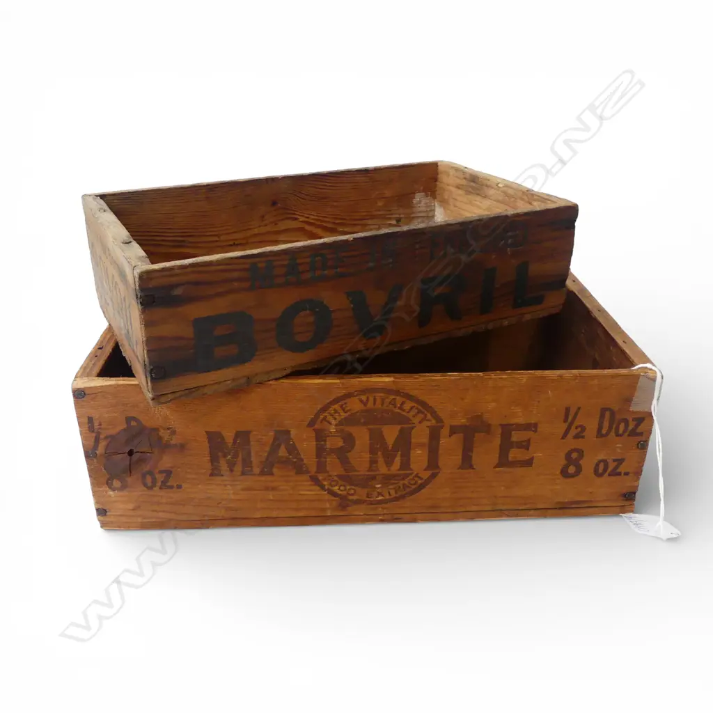 2 VINTAGE CRATES; BOVRIL & MARMITE L.285mm Image 1++