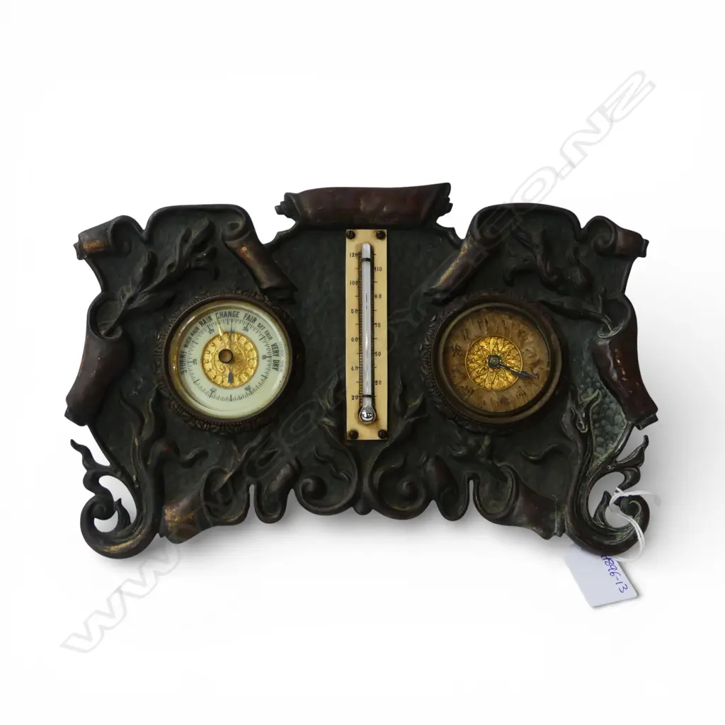 ART NOUVEAU BRASS FRENCH? DOUBLE GAUGE DISPLAY w. THERMOMETER H.185 W.290mm Image 1++