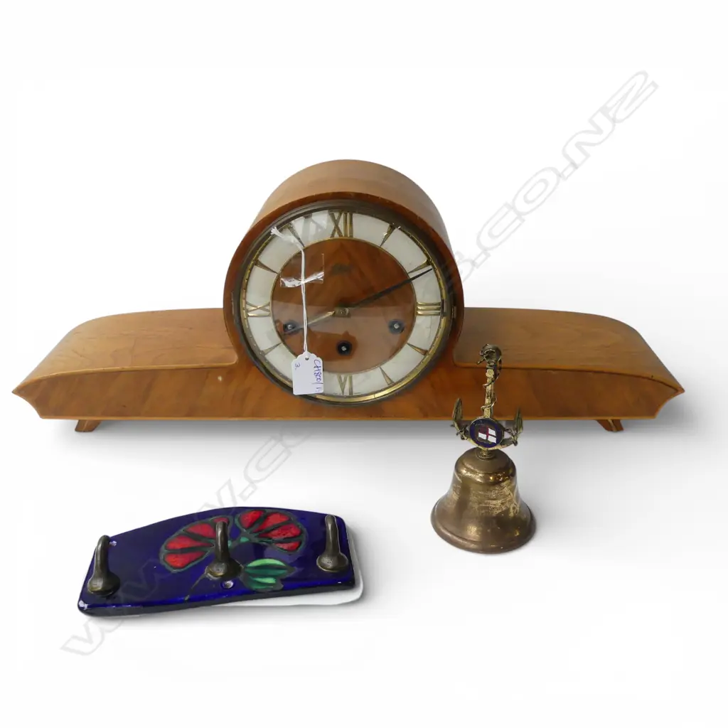 RETRO GERMAN SCHATZ MANTEL CLOCK W.570mm, BELL & MORRIS & JAMES WALL HOOK Image 1++