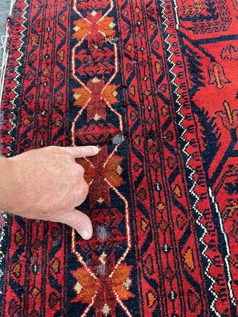 Very large Afghan Baluchi hand knotted carpet w repeating medallion design. Red ground. 3900 x 3000mm threads exposed Image 1++