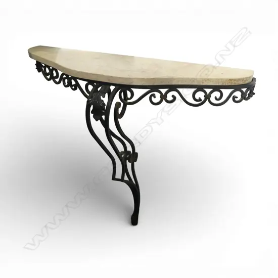 FRENCH DEMI LUNE HALL TABLE; WROUGHT IRON FRAME, MARBLE TOP 800x320x760mm