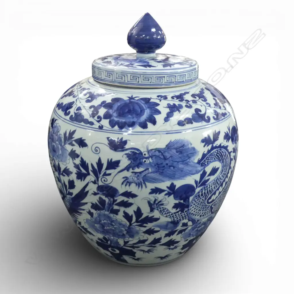VERY LARGE CHINESE BLUE & WHITE LIDDED URN. Painted w dragon phoenix & blossom. H.520mm. Image 1++