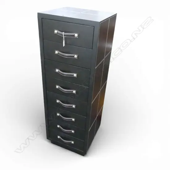 8 DRAWER TALL BOY, EBONISED WOOD & LEATHER 425x420x1255mm
