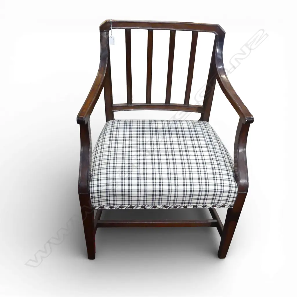 GEORGIAN MAHOGANY OPEN ELBOW CHAIR TARTAN UPOLSTRY Image 1++