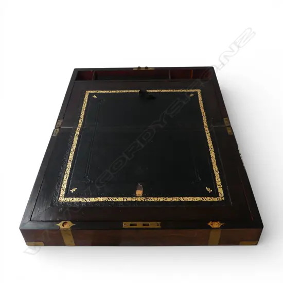 ANTIQUE MAHOGANY & INLAID BRASS WRITING SLOPE hidden panel revealing two drawers 400x250x175mm some small faults