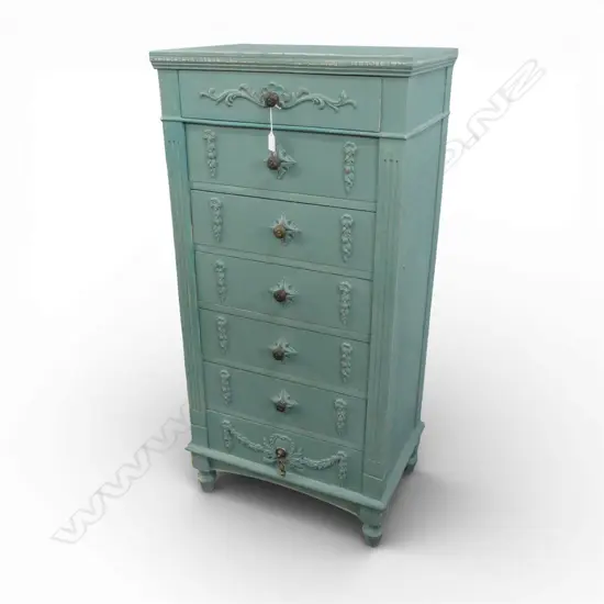 BLUE PAINTED 7 DRAWER TALL BOY 575x385x1180mm