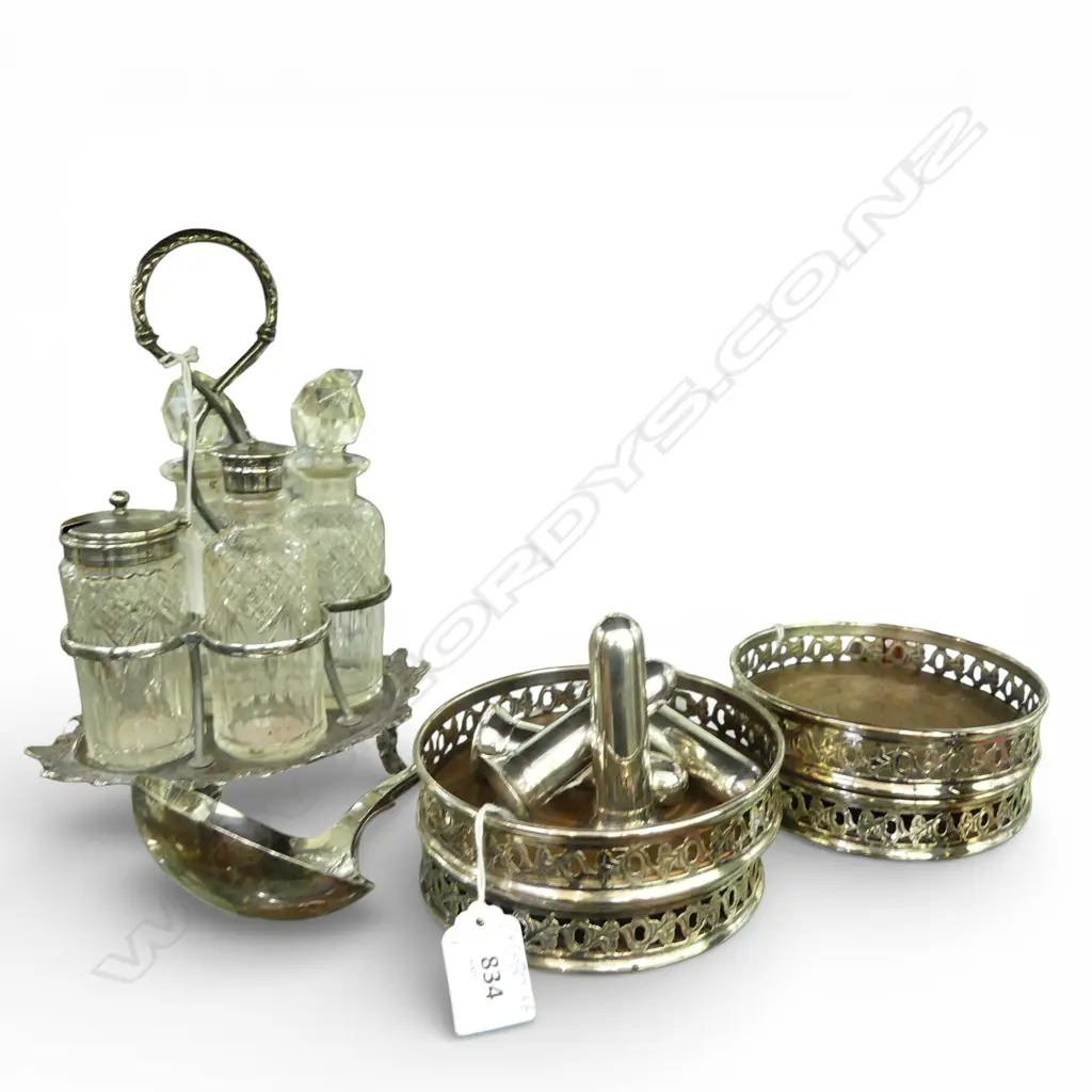 SILVER PLATE CRUET SET, 4 WINE COASTERS, 4 S/P SHAKERS & LADLE Image 1++