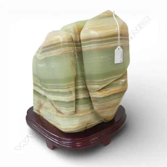 ORIENTAL LARGE POLISHED BANDED GREEN ONYX (Afghan Jade) 'SUISEKI' SCULPTURE ON STAND. H.355mm.