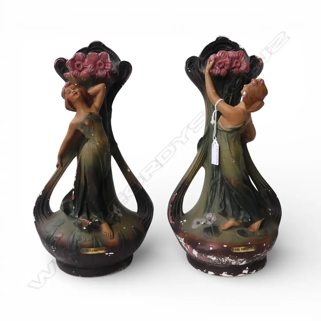 PR FRENCH ART NOUVEAU PAINTED PLASTER VASES, SIGNED H.365mm CHIPS Image 1++
