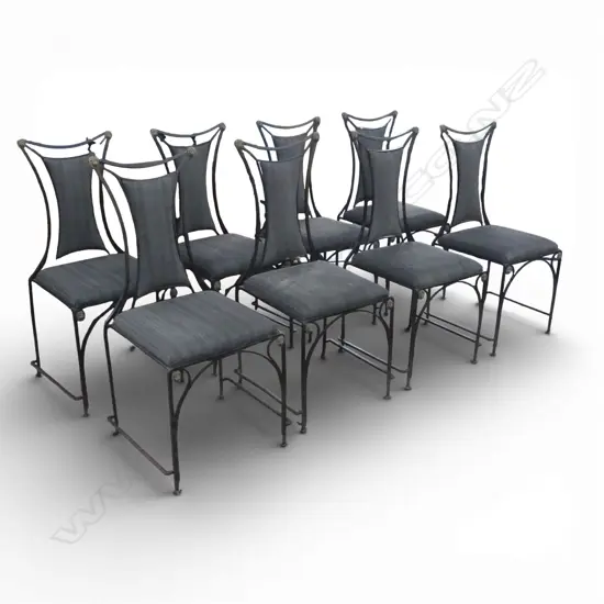 8 DESIGNER DINING CHAIRS, WROUGHT IRON FRAMES