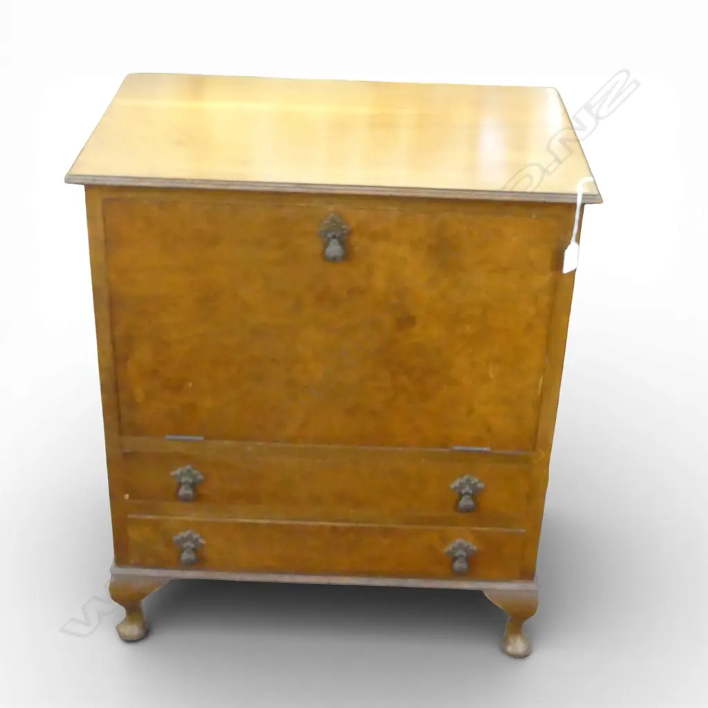 C1940 FIGURED WALNUT SIDE CABINET w fall front above 2 drawers needs some refurbishment 635x410x740mm Image 1++