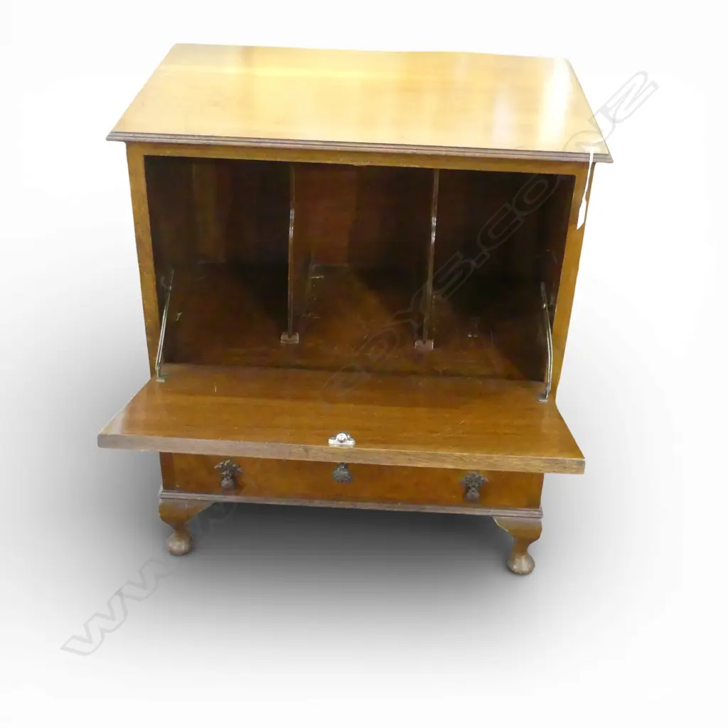 C1940 FIGURED WALNUT SIDE CABINET w fall front above 2 drawers needs some refurbishment 635x410x740mm Image 1++