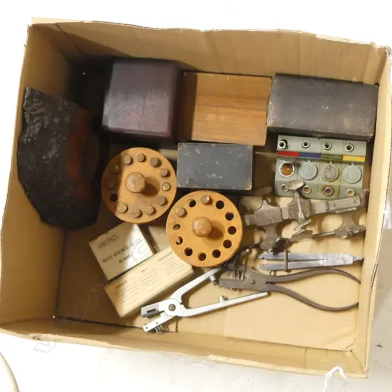 BOX OF VINTAGE WATCH MAKERS TOOLS ETC