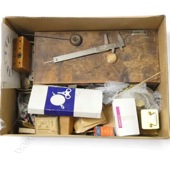 VINTAGE BOX OF WATCH FACES SPARE PENDULUMS CLOCKS ETC