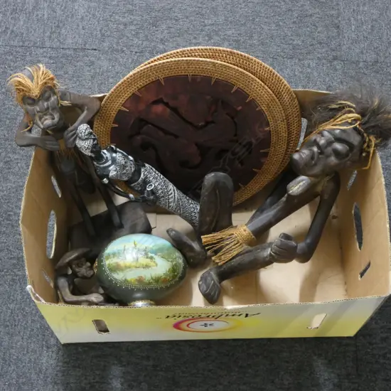 ASST TRIBAL FIGURES, 2 PLACEMATS, PAINTED EMU EGG (FAULTS) etc