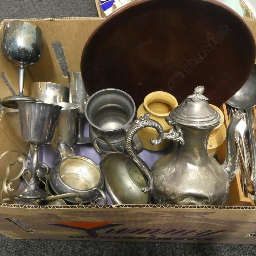 ASST. PLATE, PEWTER, STONEWARE JARS ETC Image 1++