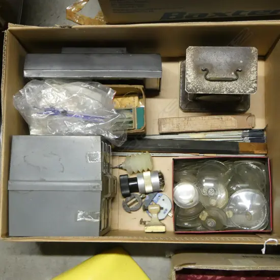 BOX LOT WATCH GLASSES WATCH MAKERS TOOLS 2 CLOCKS ETC