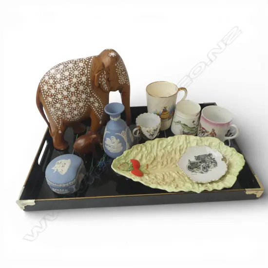 BLACK LAVENDER PAT. LACQUER TRAY + ASST. FANCY CHINA + 2 ELEPHANTS etc