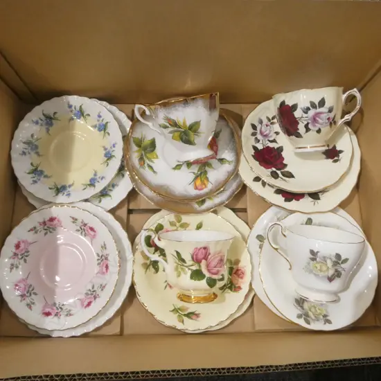 4 FANCY CHINA TRIOS + + 2 SETS SAUCERS & PLATES
