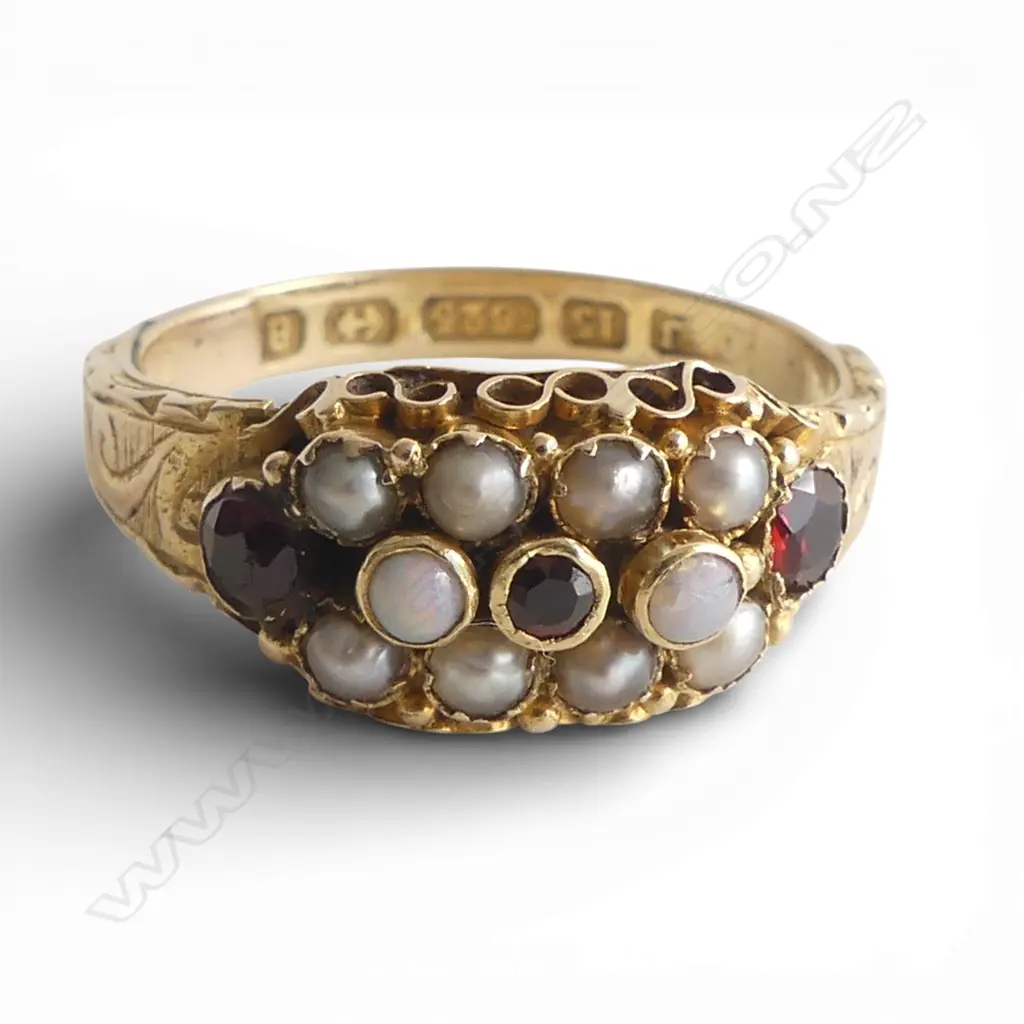 VICTORIAN 15ct OPAL PEARL & GARNET 'REGARD' type RING old repair to shank w hallmarks. 2.92gms size O Image 1++