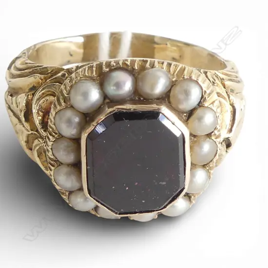 9ct GOLD 1849 MOURNING RING Lge size w pearls & flat stone garnet. Resized w brass. 8.63gms SIZE Q