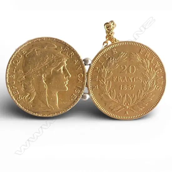 1857 & 1912 GOLD FRANC COINS CONVERTED TO BROOCH 14.02gms
