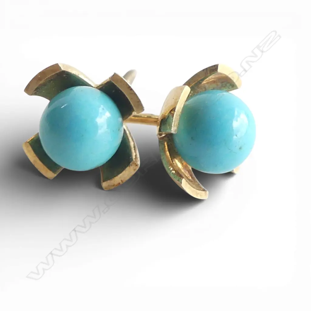 PR 14ct & TURQOUISE EARRINGS missing scrolls 1.55gms Image 1++