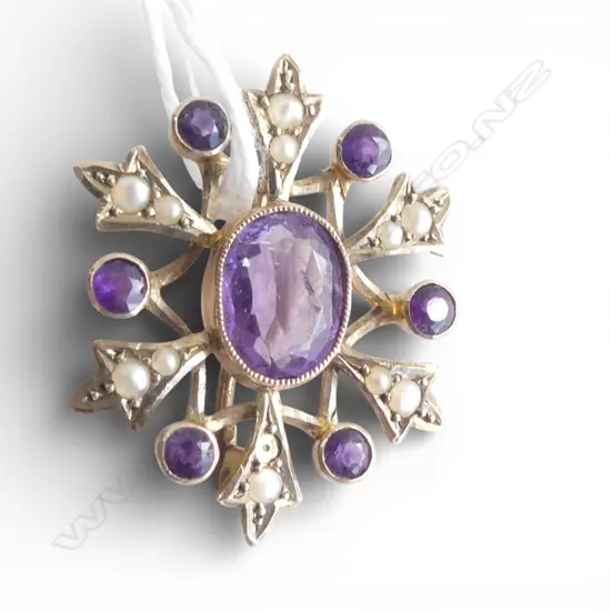 Edwardian 9ct GOLD  AMETHYST & SEED PEARL BROOCH 3.55gms