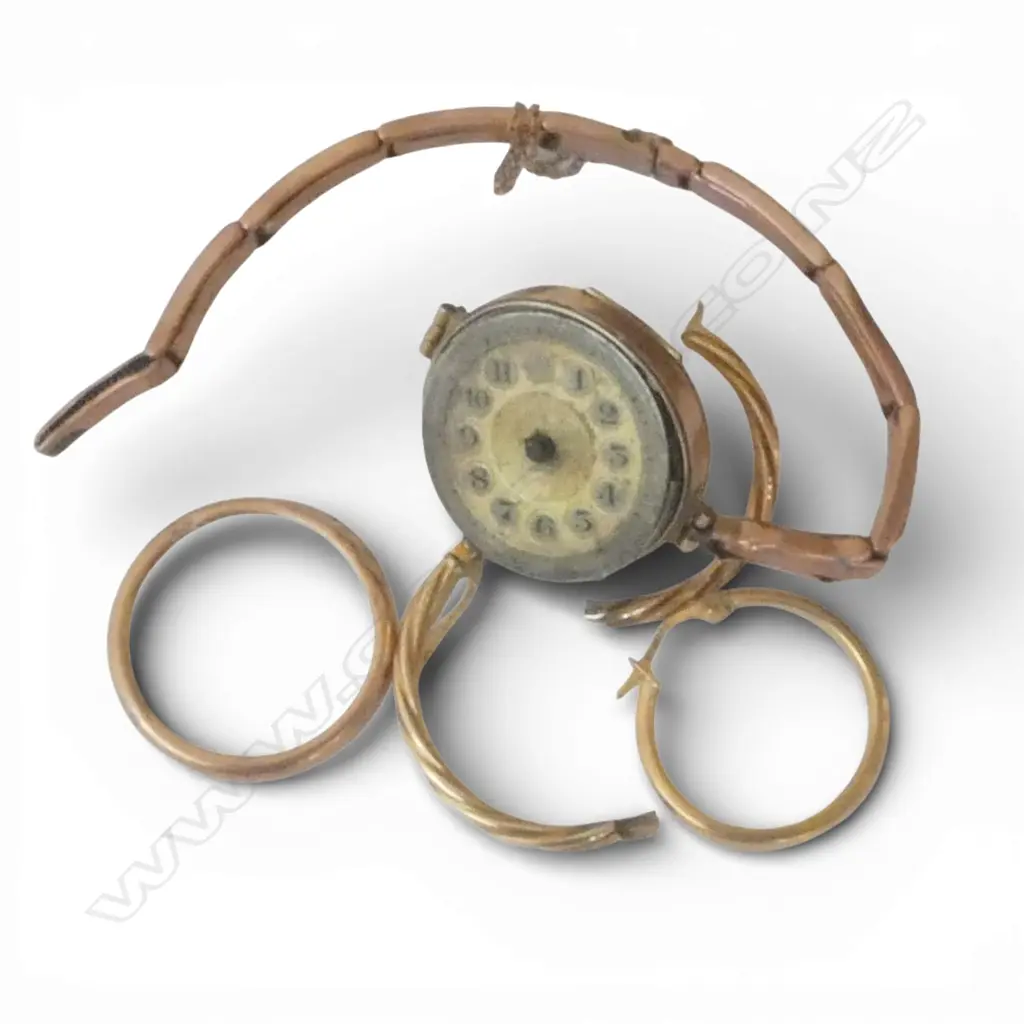 ASST SCRAP GOLD: 9ct LADIES WATCH CASE & 9ct STRAP 6gms (doesn't include movement or glass) + 2 EARRINGS 1.36gms Image 1++