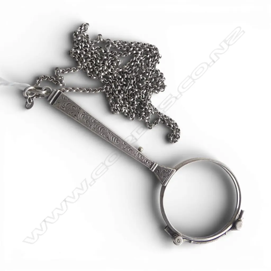 EARLY 20thC EUROPEAN SILVER  FOLDING LORGNETTE on fine silver chain Image 1++