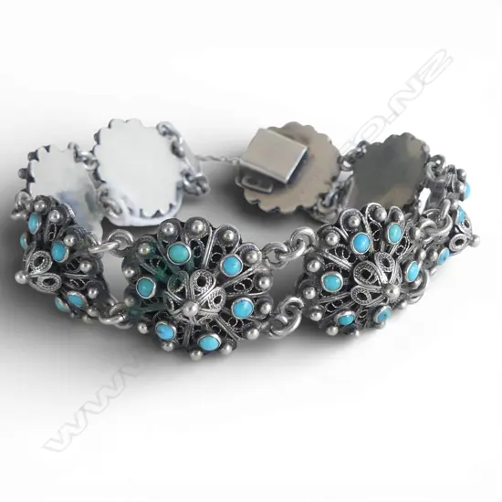 VINTAGE SILVER & TURQUOISE FANCY PANELLED BRACELET