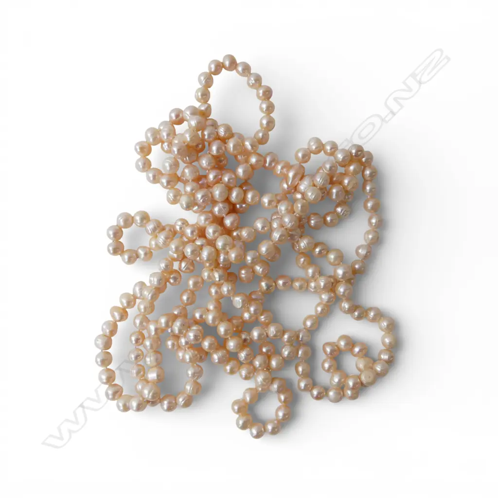2 STRANDS OPERA LENGTH CULTURED FRESHWATER PEARLS, new old stock; pink/cream overtones Image 1++