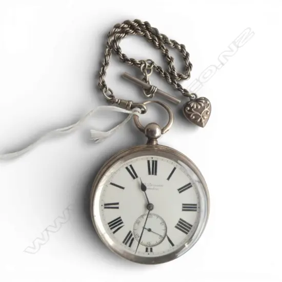 VICTORIAN SILVER W. BENSON OPEN FACE FOB WATCH with silver rope twist chain