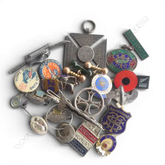 BAG COSTUME JEWELLERY: lge silver Maltese cross medallion + enamelled badges etc