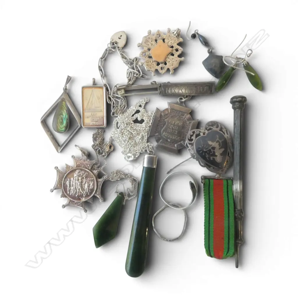 BOX MAINLY SILVER JEWELLERY: fobs + 5gm ingot pendant + NZ POUNAMU + THAI + propelling pencil + mini The Defence medal.. Image 1++