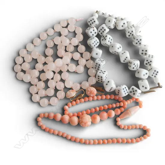 3 STRANDS OF BEADS: PINK CORAL w earrings + ROSE QUARTZ (AF) + strand of dice