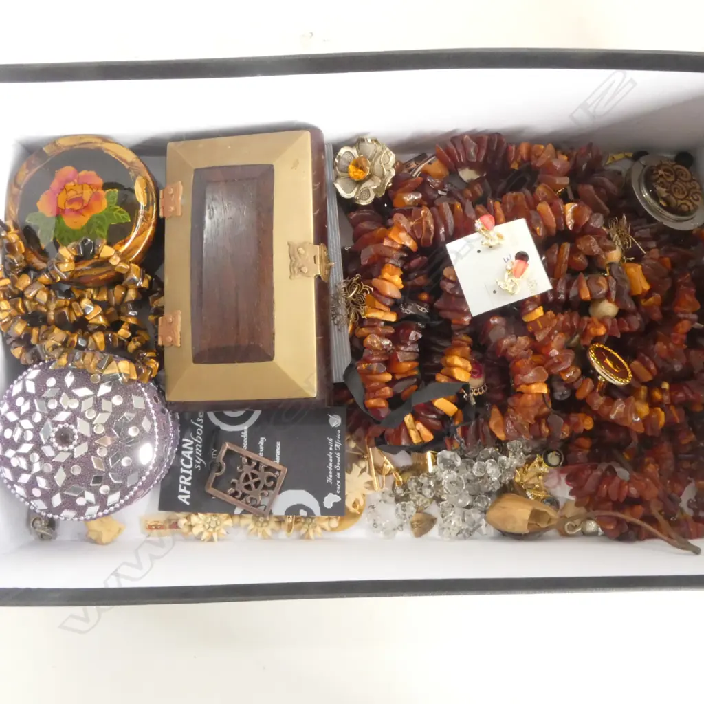 ASST. COSTUME JEWELLERY; 2 AMBER NECKLACES, 1 TIGERS EYE NECKLACE, ETC Image 1++