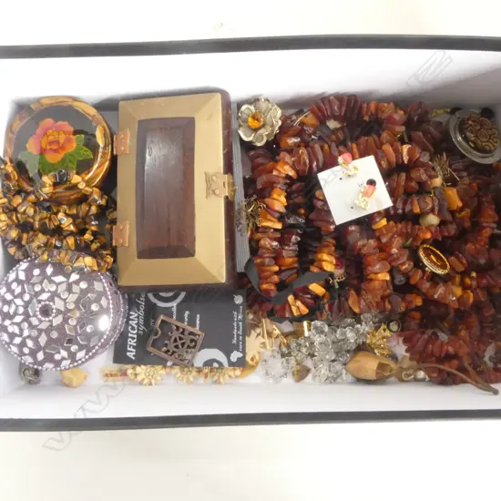 ASST. COSTUME JEWELLERY; 2 AMBER NECKLACES, 1 TIGERS EYE NECKLACE, ETC