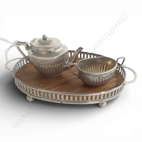 MINIATURE SILVER TEAPOT & SUGAR BOWL on SILVER BORDERED & WOOD TRAY Birmingham 1905 