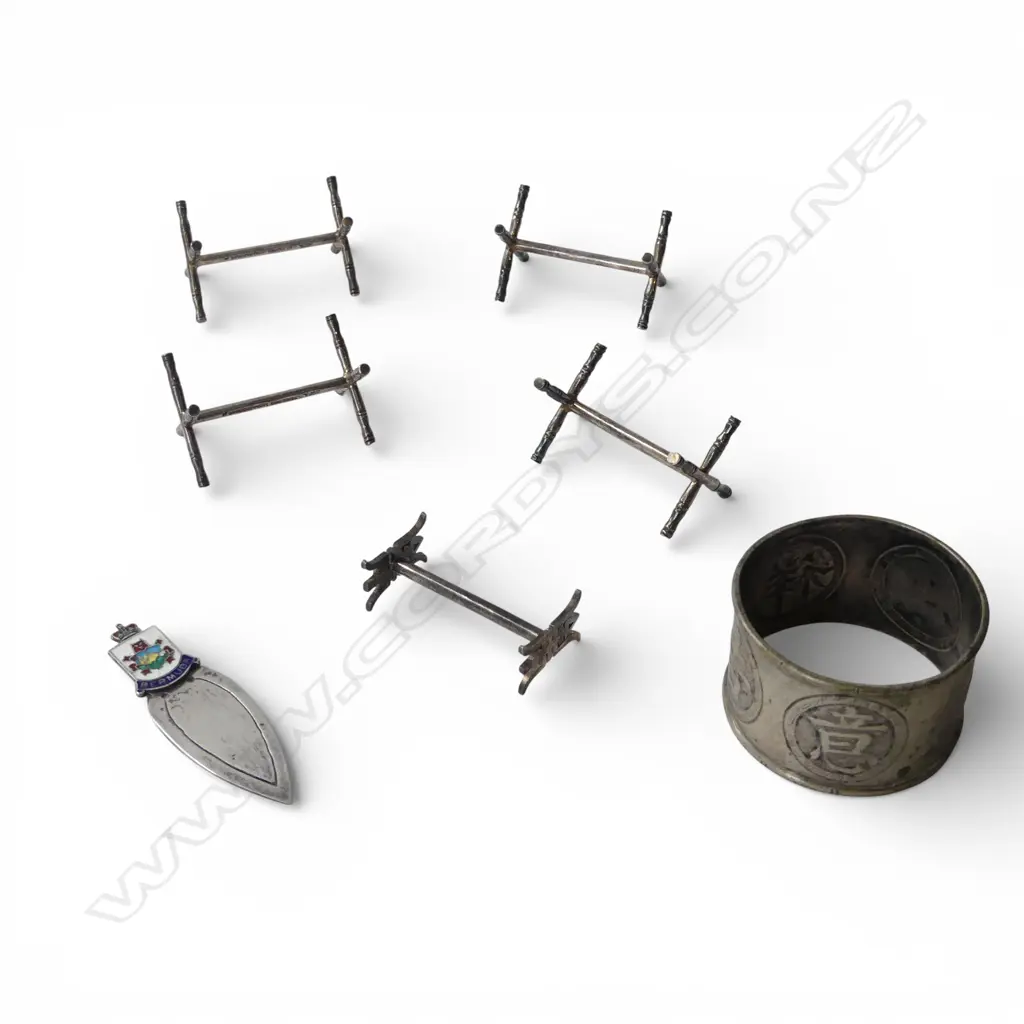 5 SILVER CHOPSTICK RESTS 44gms, SILVER ENAMEL BERMUDA BOOKMARK + CHINESE NAPKIN RING Image 1++