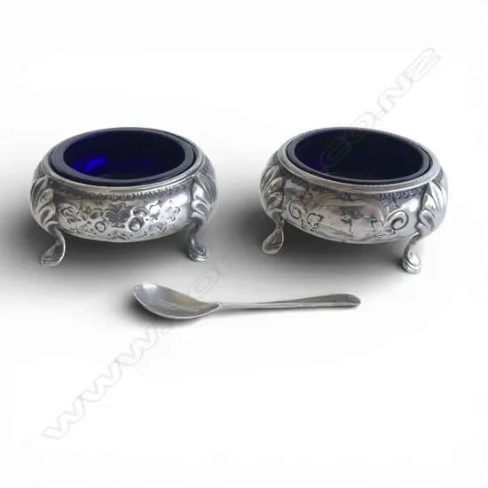 PR VICTORIAN STG SILVER SALTS, SHEFFIELD 1871 + STG SILVER SPOON TW 83gms