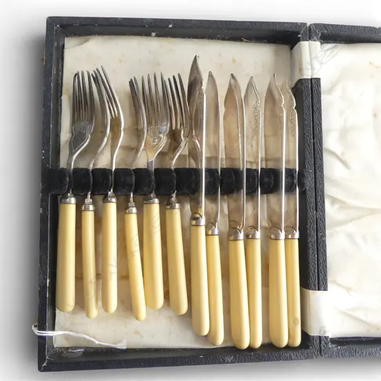 CASED 6 PLACE IVORINE 'BONE' CUTLERY SET w. stg silver presentation plaque